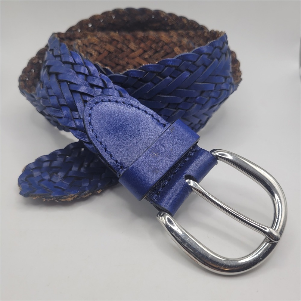 Chico's Belt XL Blue Leather Braided Woven Boho Resort Nautical Preppy Cowgirl
